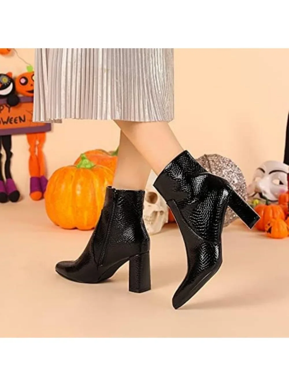 Snakeskin Print Chunky High Heel Ankle Boots for Halloween Costumes & Fashion
